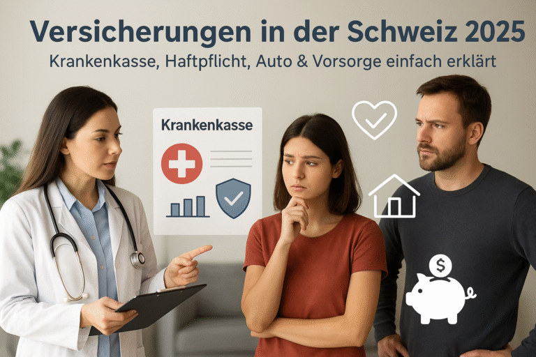 Eine Ärztin erklärt einem jungen Paar die wichtigsten Versicherungen in der Schweiz 2025, darunter Krankenkasse, Haftpflicht, Auto- und Vorsorgeversicherung.